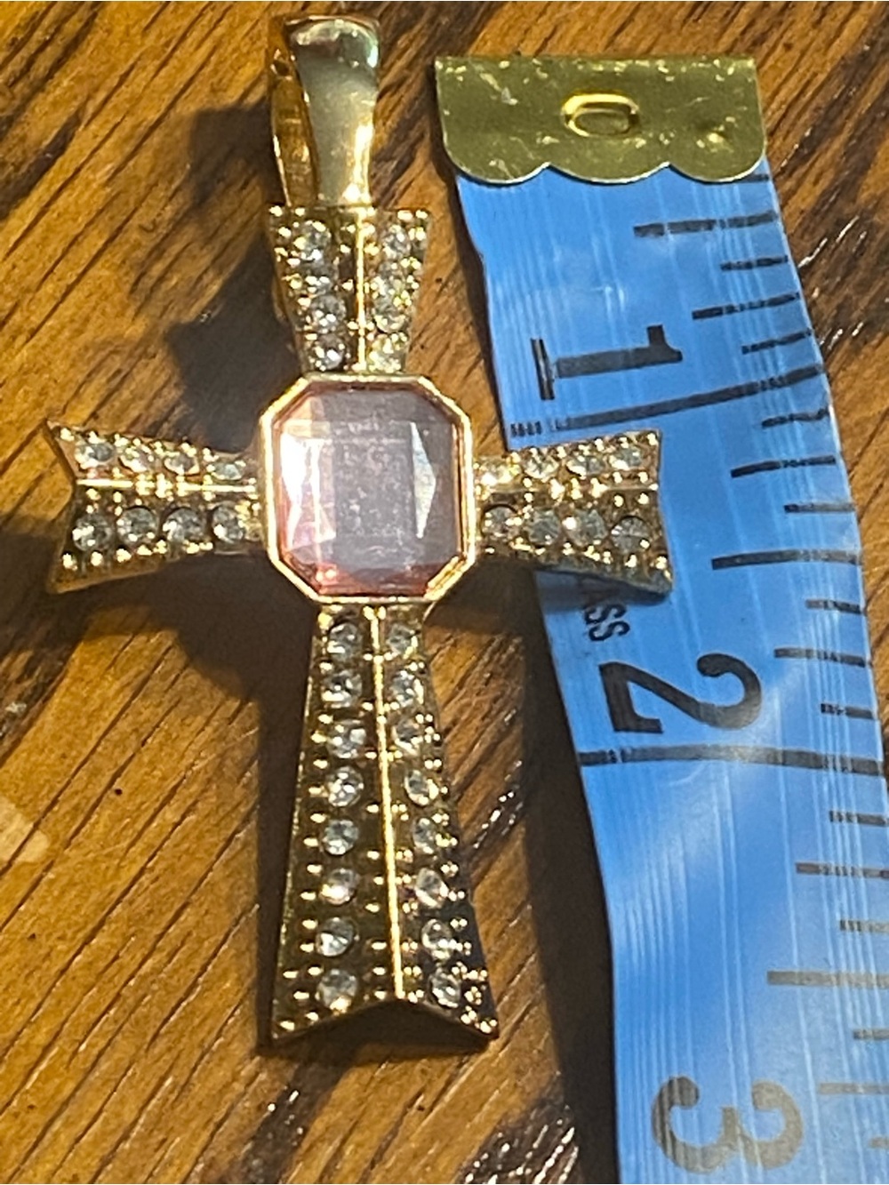 Vintage RMN Roman Co Gold Tone Cross Pendant Square Pink Stone Rhinestone